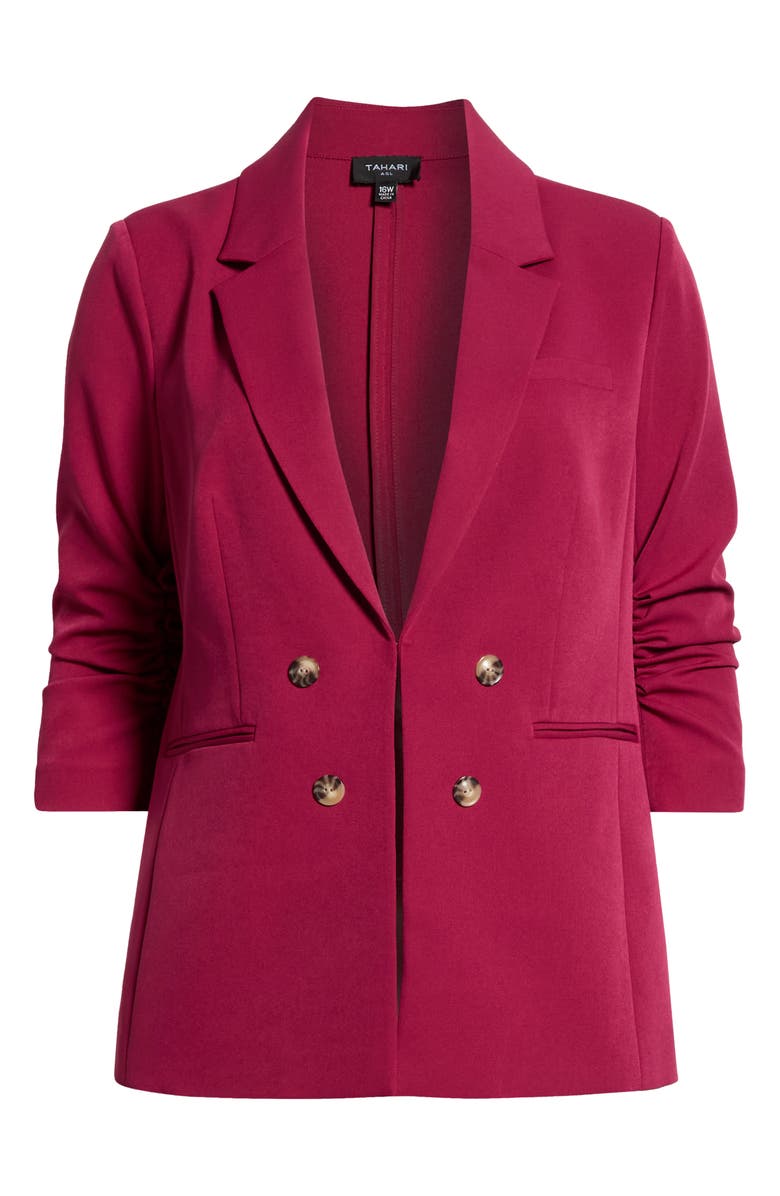 Tahari ASL Ruched Sleeve Faux Double Breasted Blazer, Main, color, Berry Bliss