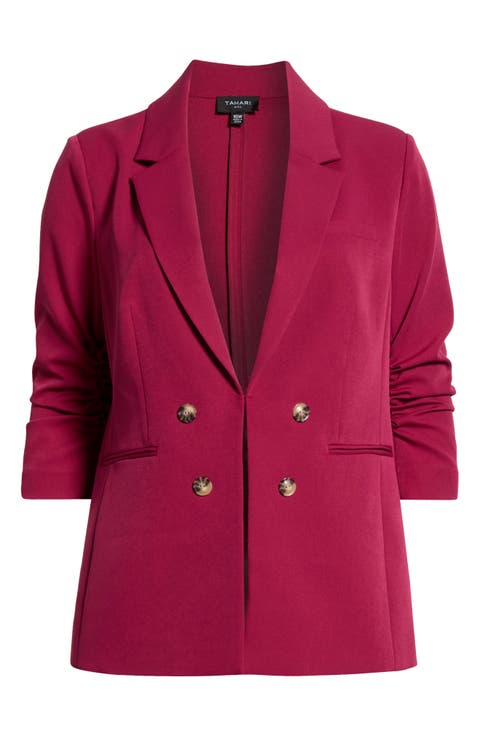 Ruched Sleeve Faux Double Breasted Blazer (Plus)