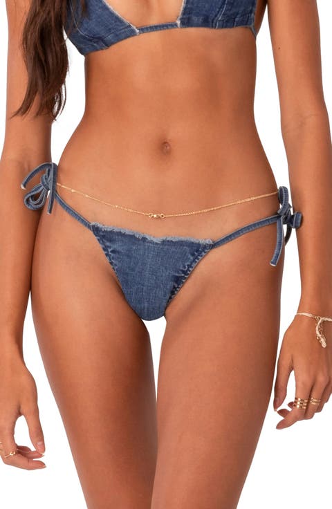 Didi Distressed Denim Side Tie Bikini Bottoms