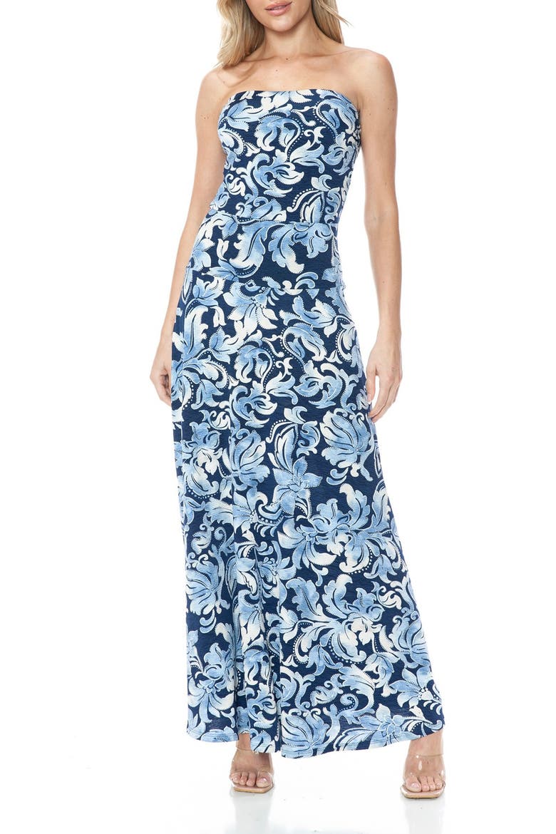 Printed Strapless Maxi Dress, Main, color, BLUE MULTI