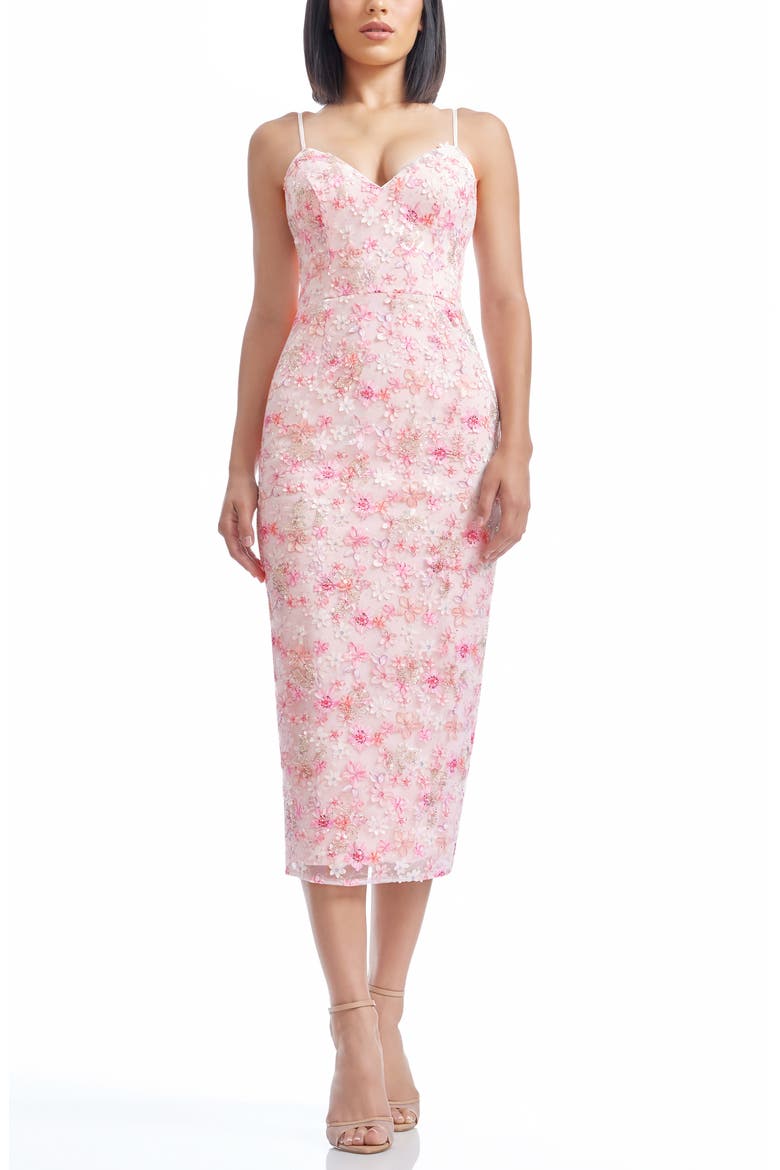 Donna Sequin Floral Appliqué Cocktail Midi Dress, Main, color, SOFT PINK MULTI