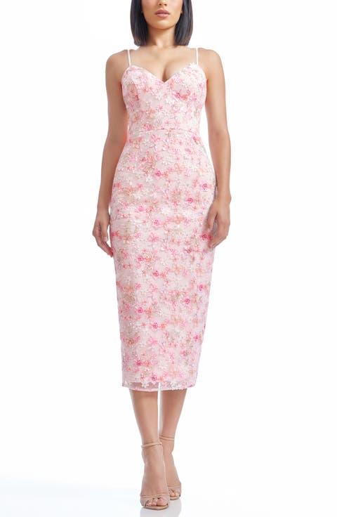 Donna Sequin Floral Appliqué Cocktail Midi Dress
