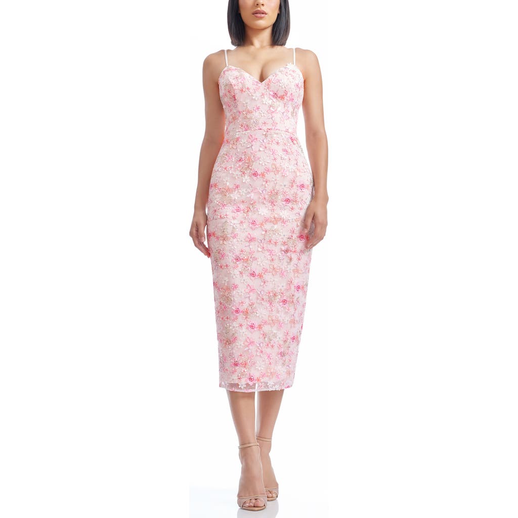DRESS THE POPULATION DRESS THE POPULATION DONNA SEQUIN FLORAL APPLIQUÉ COCKTAIL MIDI DRESS