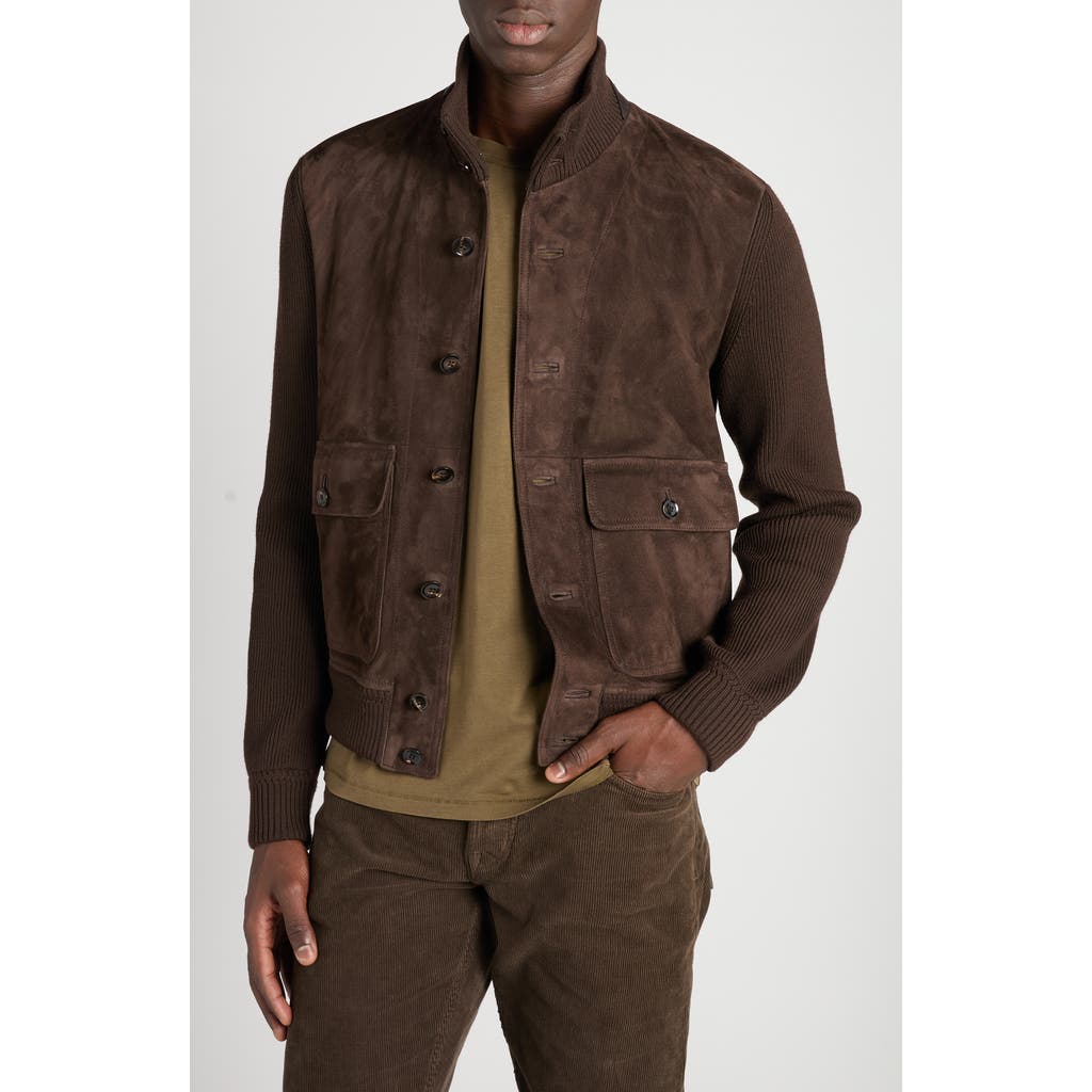 Tom Ford Mens Deep Brown Funnel-neck Ribbed-sleeve Suede And Wool Jacket In Brown