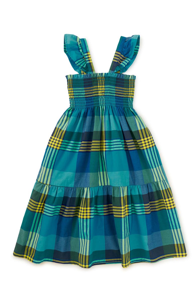 Tea Collection Smocked Flutter Sleeve Dress, Alternate, color, Amazonian Plaid