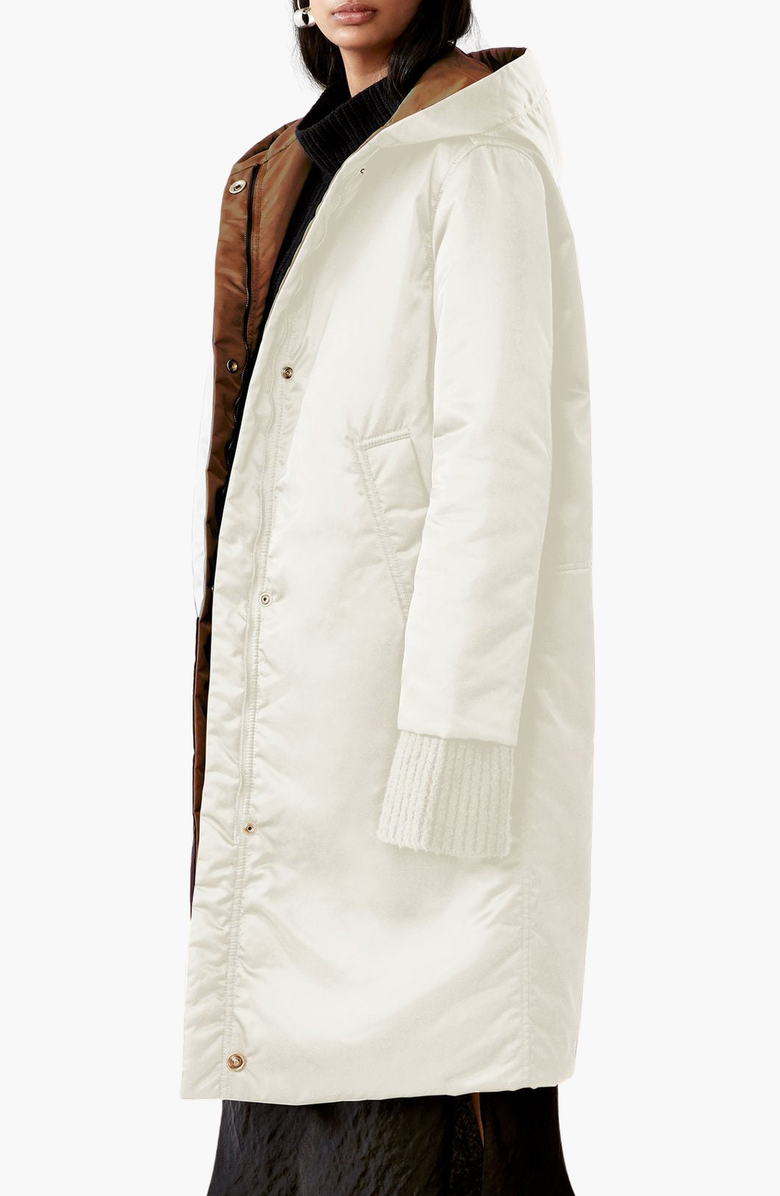 CAALO Sustainable Reversible Satin Down Coat, Main, color, Off-White / Tan