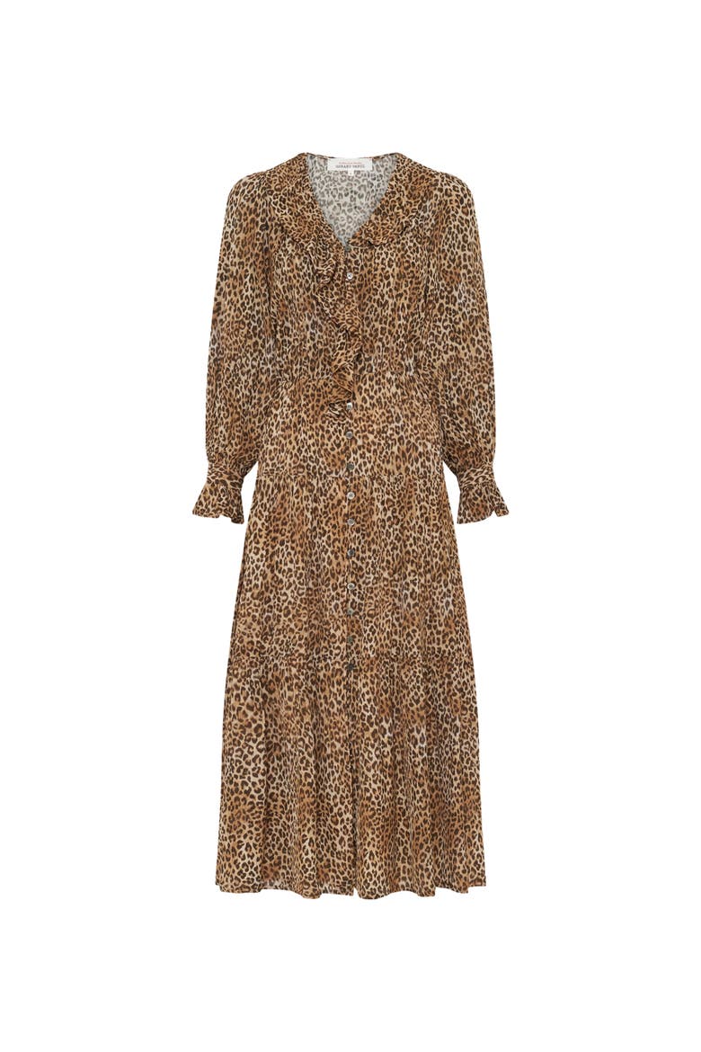 Lyza Ruffled V-Neck Midi Dress, Alternate, color, Brown