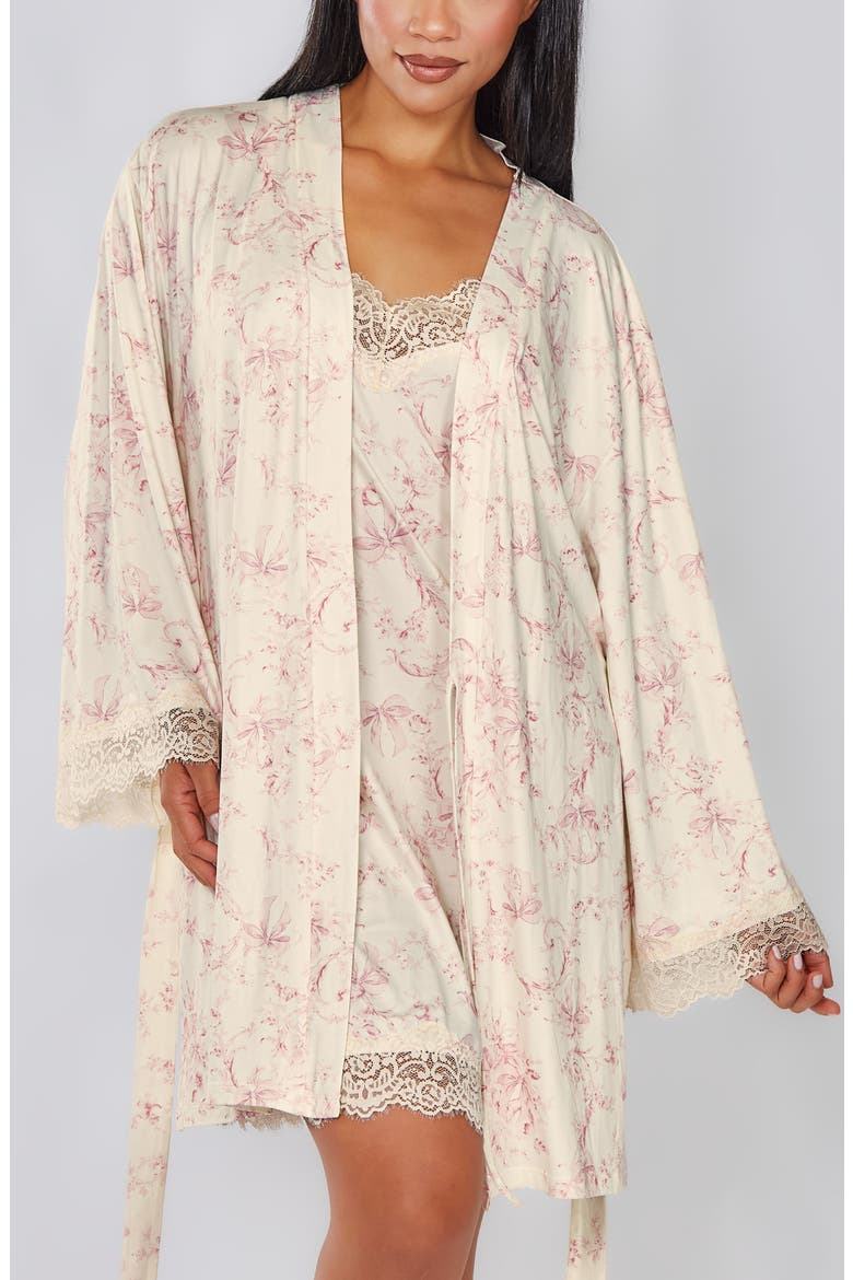 Toile Print Lace-Trim Brushed Knit Robe, Main, color, Ivory
