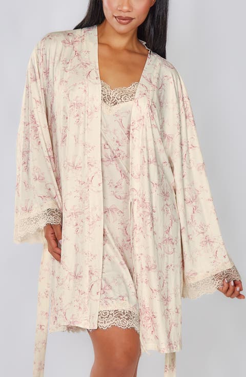 Toile Print Lace-Trim Brushed Knit Robe