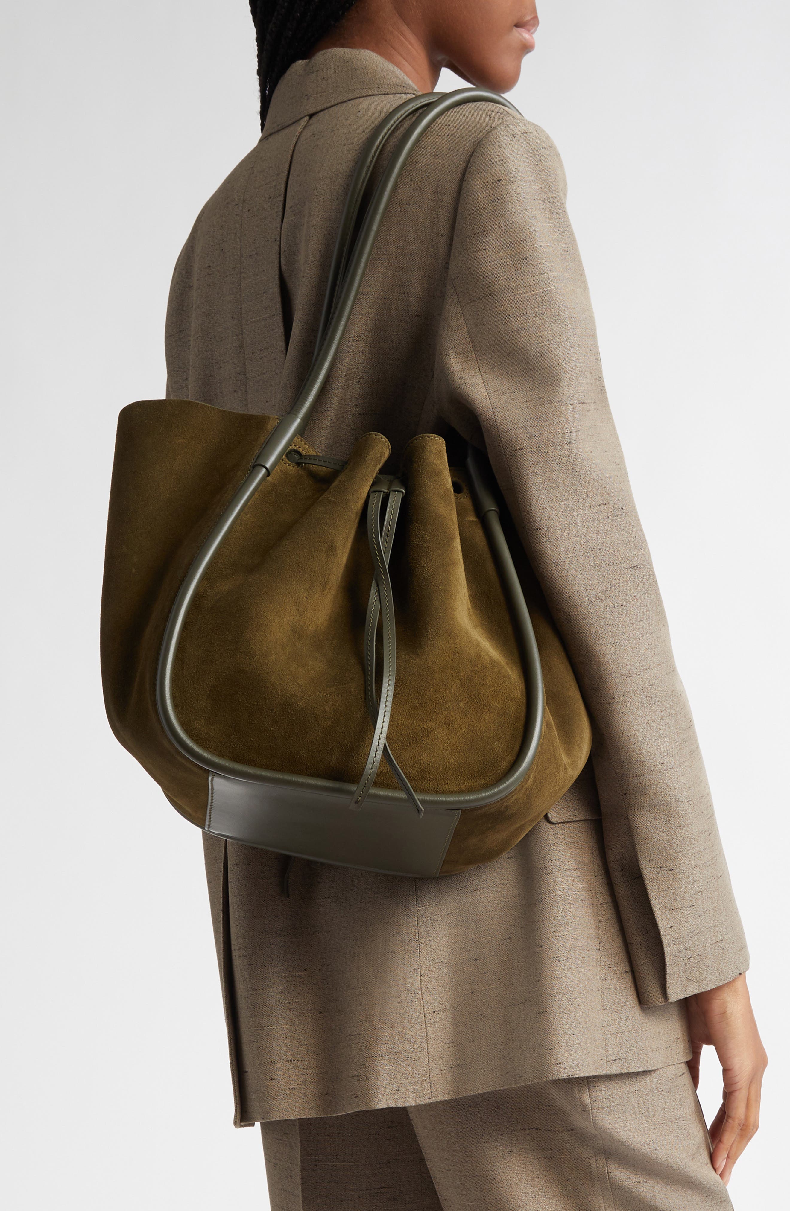 Proenza Schouler Large Ruched Suede Tote, Alternate, color, Olive