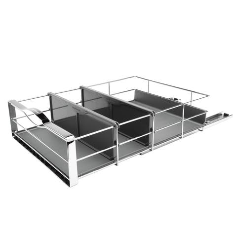pull-out cabinet organizer, grey plastic with heavy-gauge steel frame