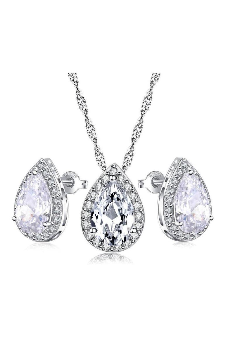Teardrop Crystal Necklace and Teardrop Crystal Earring Set, Main, color, Silver