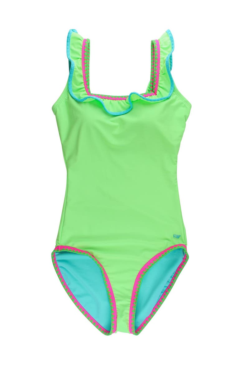 UPF50+ Women's Crochet Ruffle One Piece Swimsuit, Main, color, Neon Honeydew