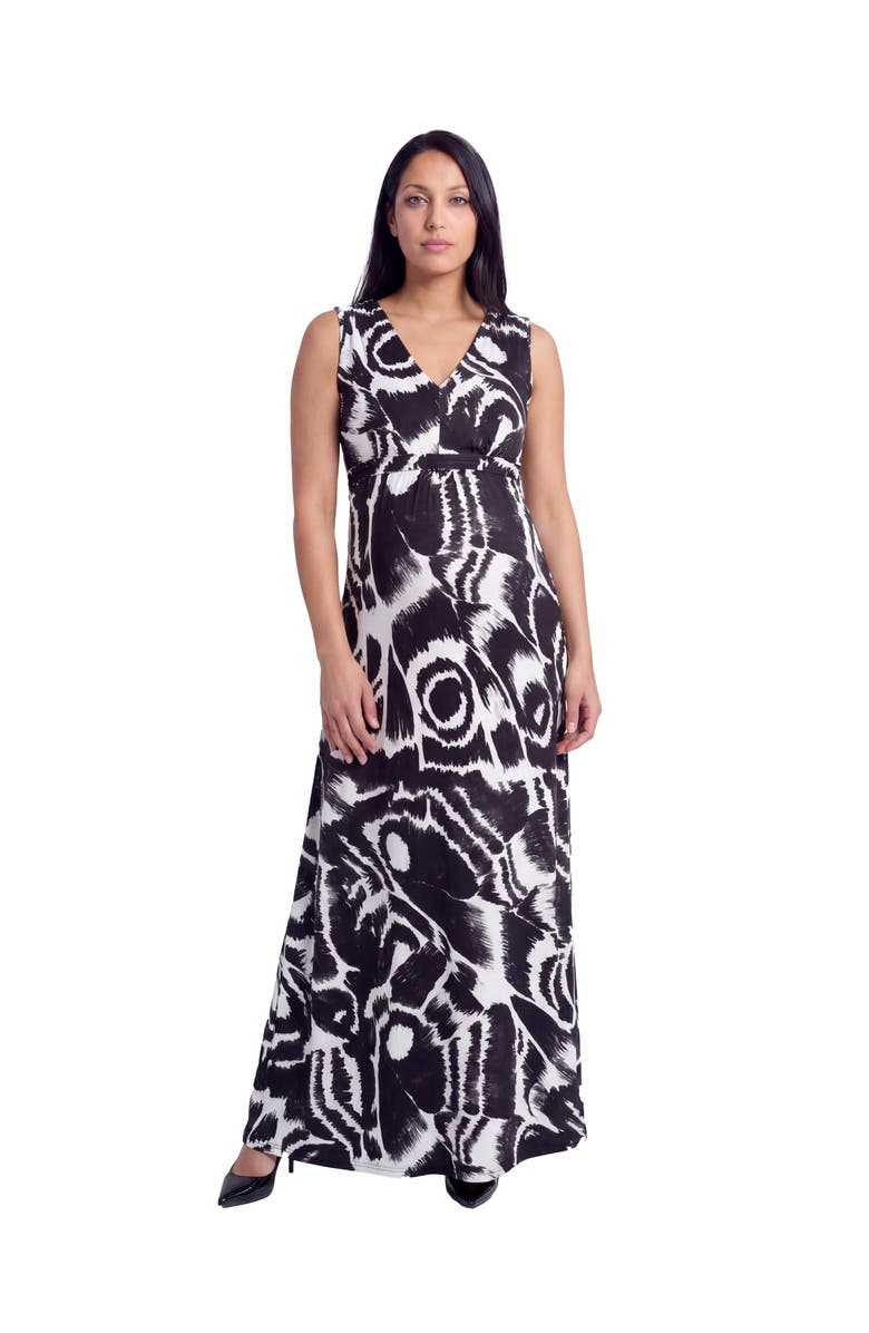 24seven Comfort Apparel Maternity Essential Abstract Print V-Neck Sleeveless Tie Back Empire Waist Maxi Dress, Main, color, Black Multi