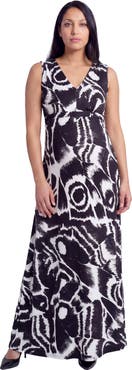 24seven Comfort Apparel Maternity Essential Abstract Print V-Neck Sleeveless Tie Back Empire Waist Maxi Dress
