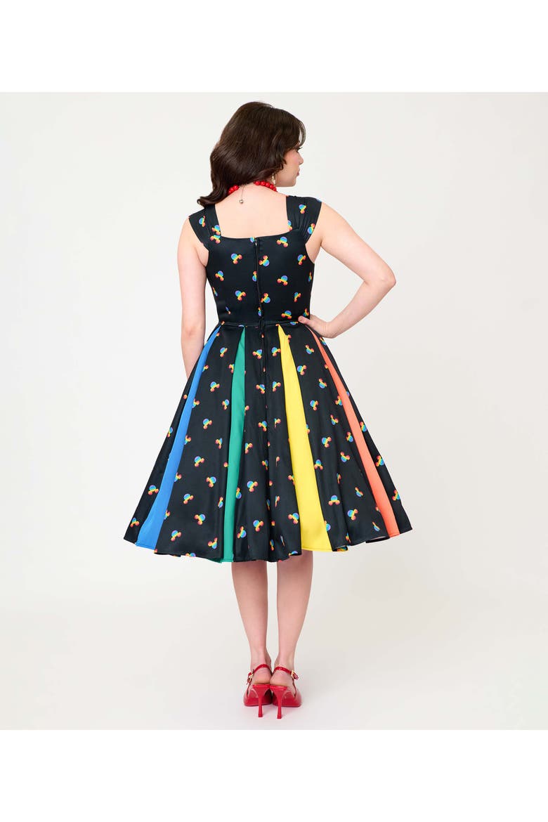 Square Neck Sleeveless Godet Swing Dress, Alternate, color, Black Rainbow Mickey Print