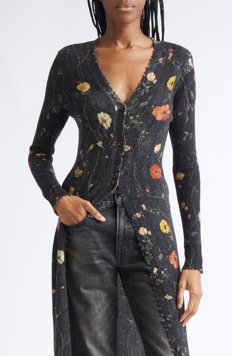 R13 Floral Skinny Long Merino Wool Cardigan, Main, color, Floral On Black