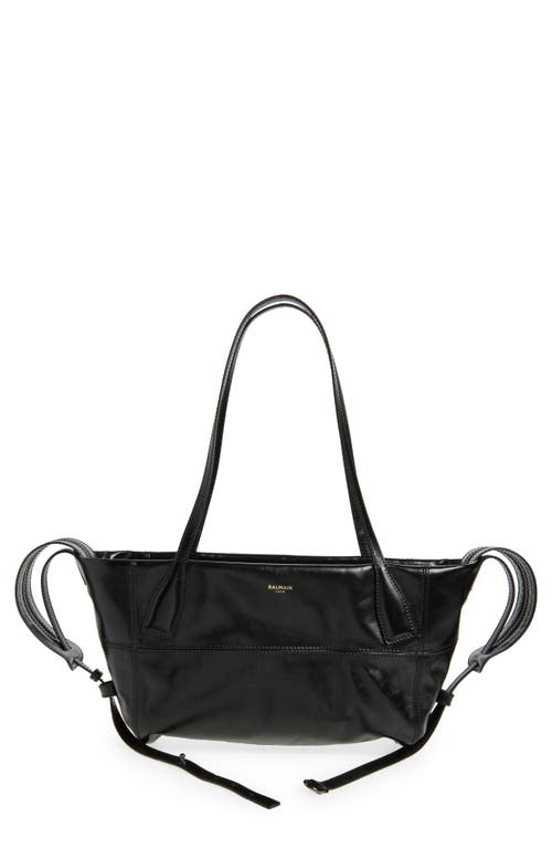 Balmain Small Track Shiny Leather Tote In Black