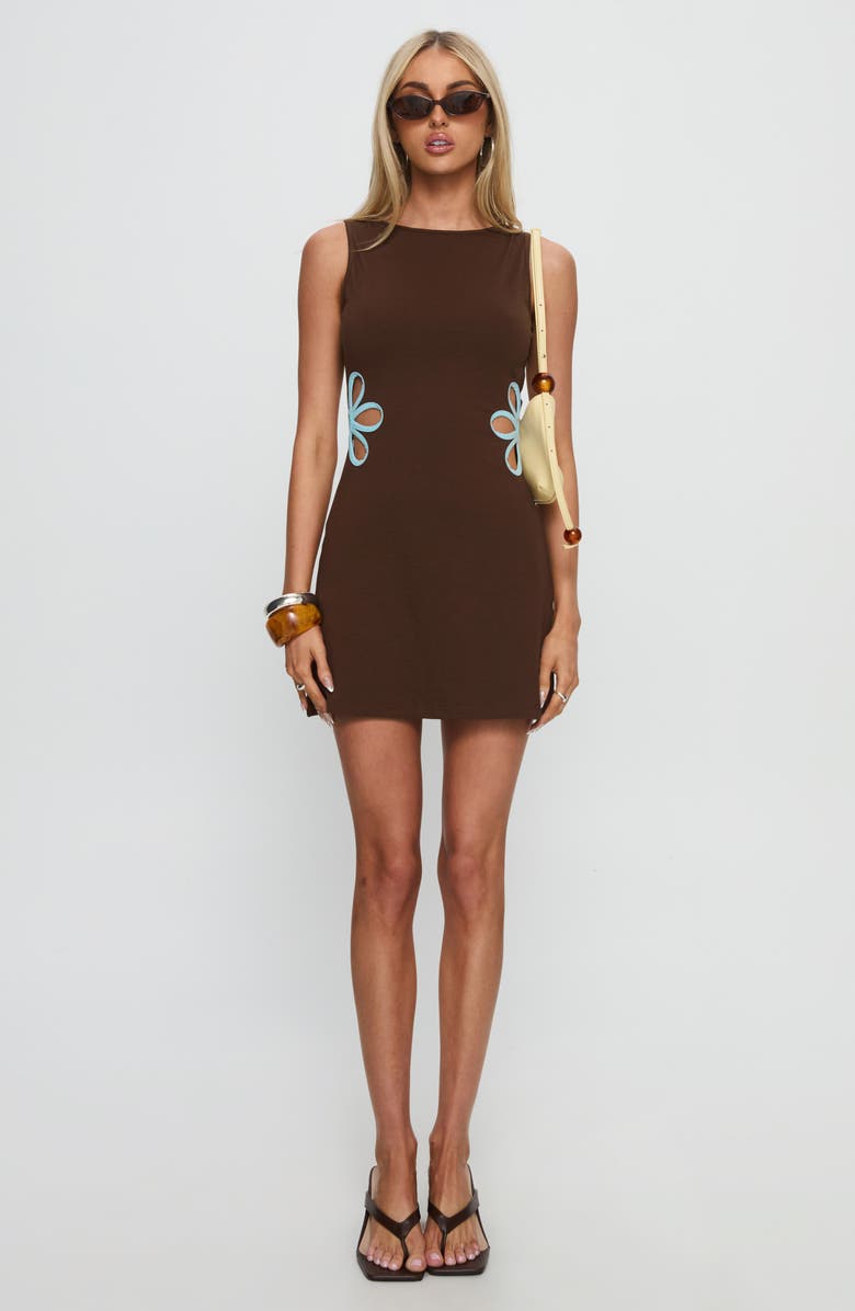 Princess Polly Shelbi Flower Cutout Cotton Blend Minidress, Alternate, color, Brown / Blue