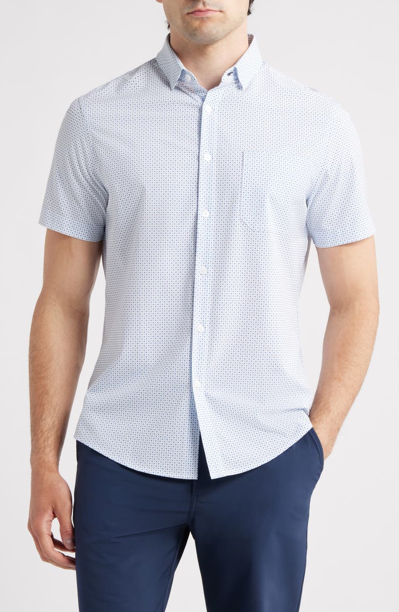 Mizzen+Main Leeward Trim Fit Neat Short Sleeve Button-Up Shirt, Main, color, White Geo
