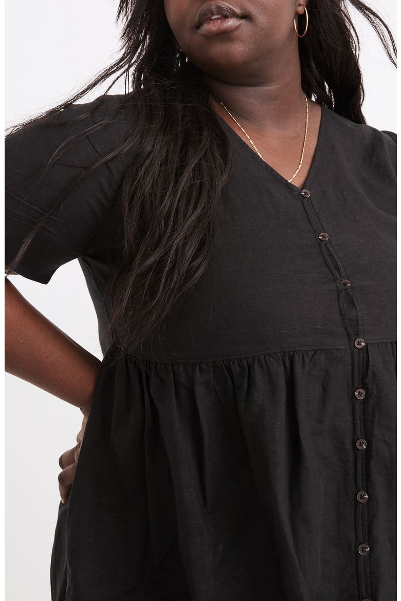 Alexandra Button Front Linen Blend Minidress, Alternate, color, TRUE BLACK