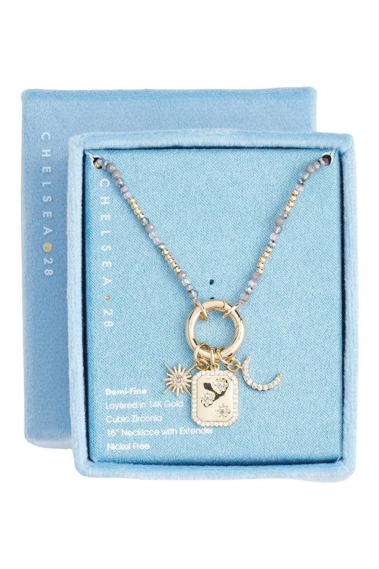 Gift Boxed Demi Fine Cubic Zirconia Bead Star Charm Necklace, Main, color, GREY MULTI- GOLD