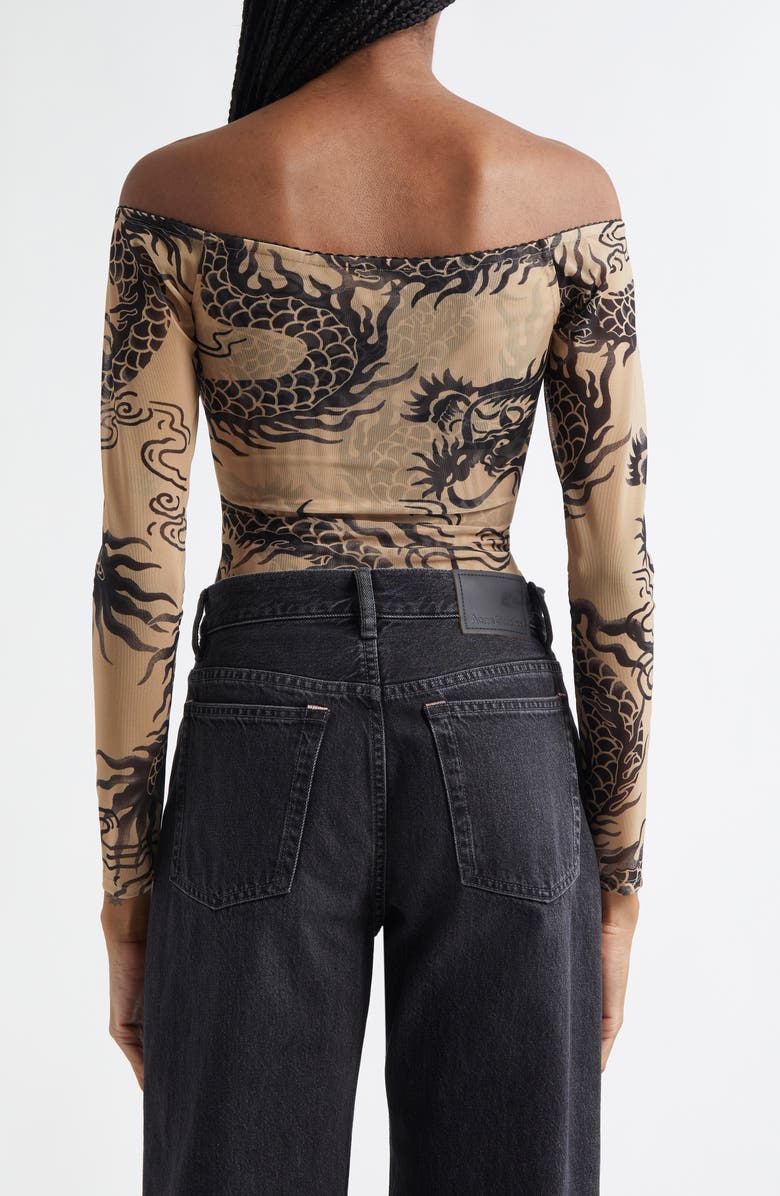 L'AGENCE Peonie Off the Shoulder Bodysuit, Alternate, color, Beige/ Black Dragon Tattoo