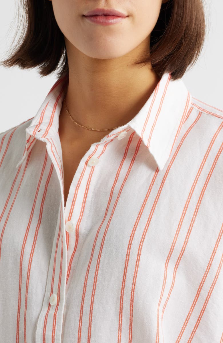 Madewell Stripe Pleat Sleeve Oversize Linen & Cotton Button-Up Shirt, Alternate, color, Bright Flame