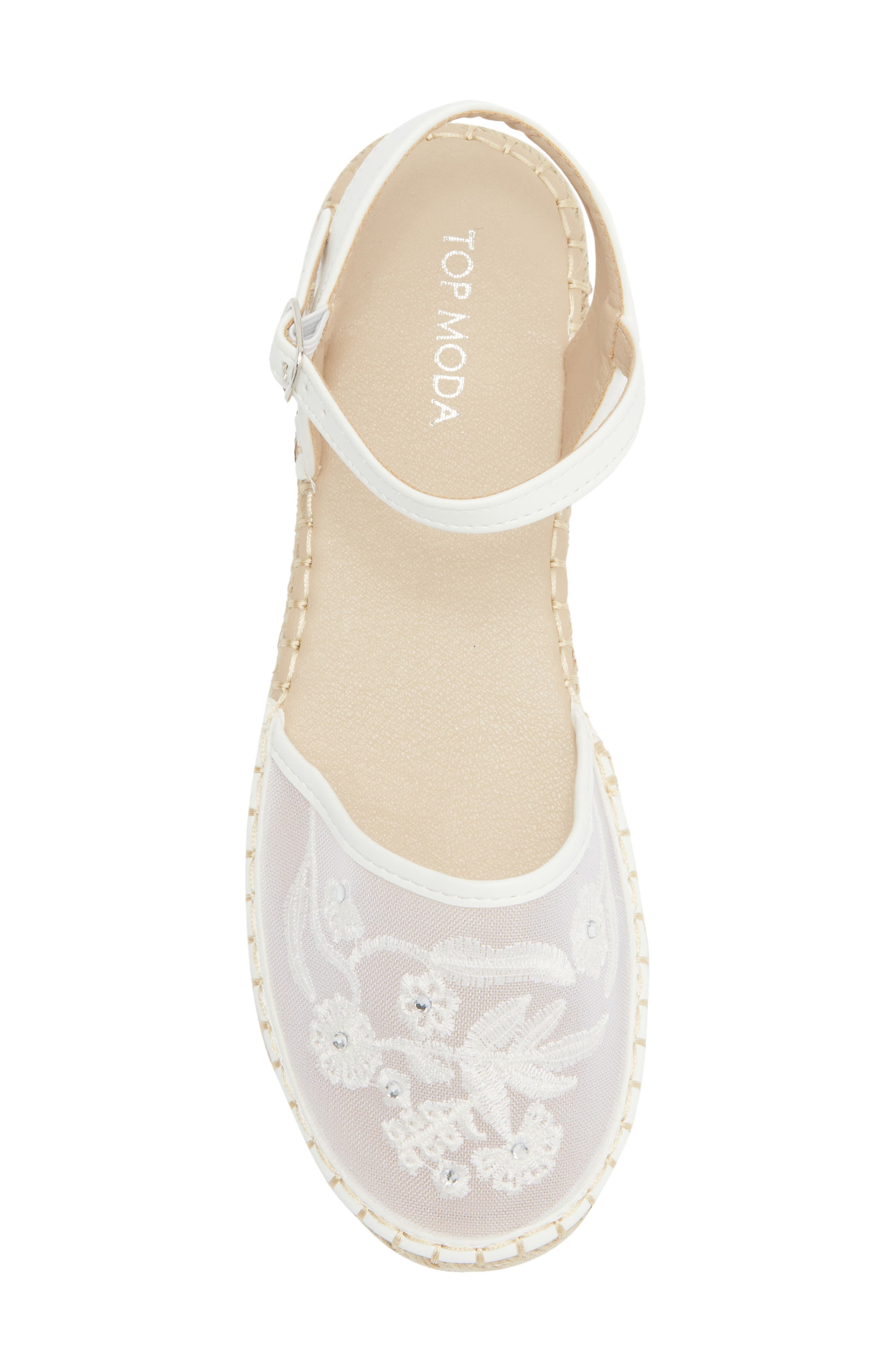 TOP MODA Chrom Floral Embroidered Ankle Strap Flat, Alternate, color, White Pu
