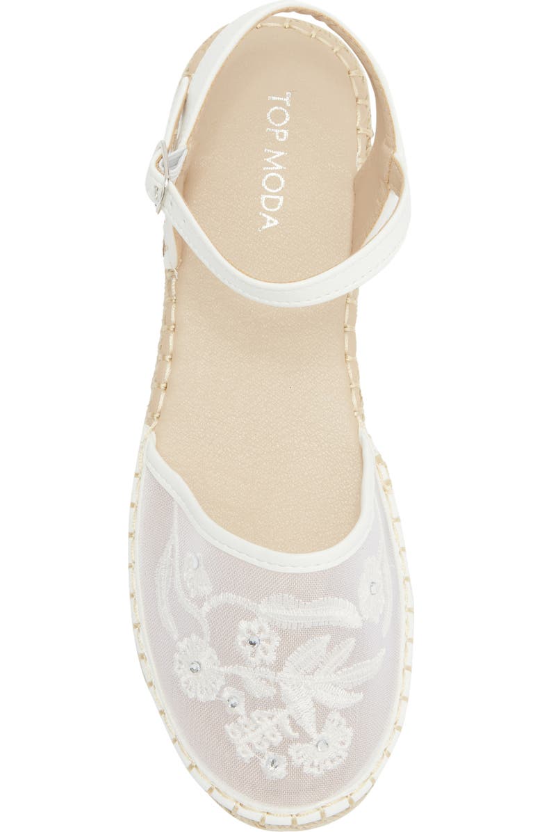 TOP MODA Chrom Floral Embroidered Ankle Strap Flat, Alternate, color, White Pu
