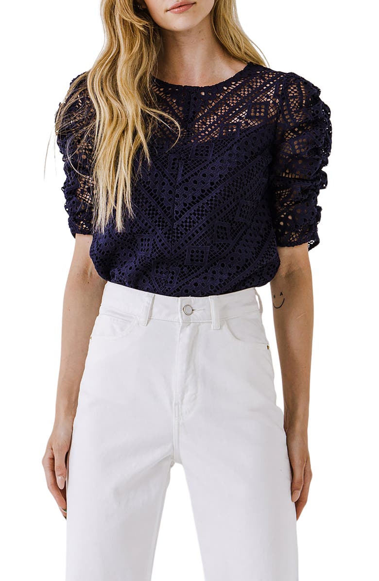 Endless Rose Chevron Stripe Lace Top, Main, color, Navy