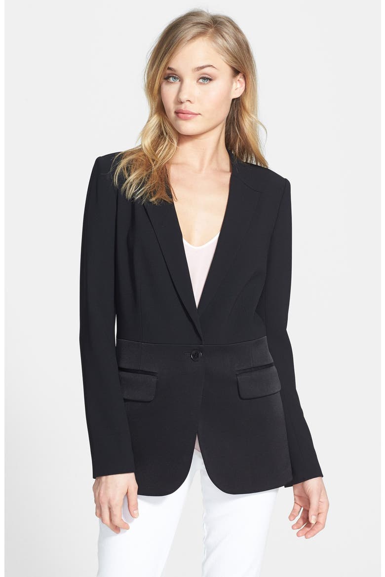 'Matte & Shine' Mixed Media Blazer, Main, color, BLACK