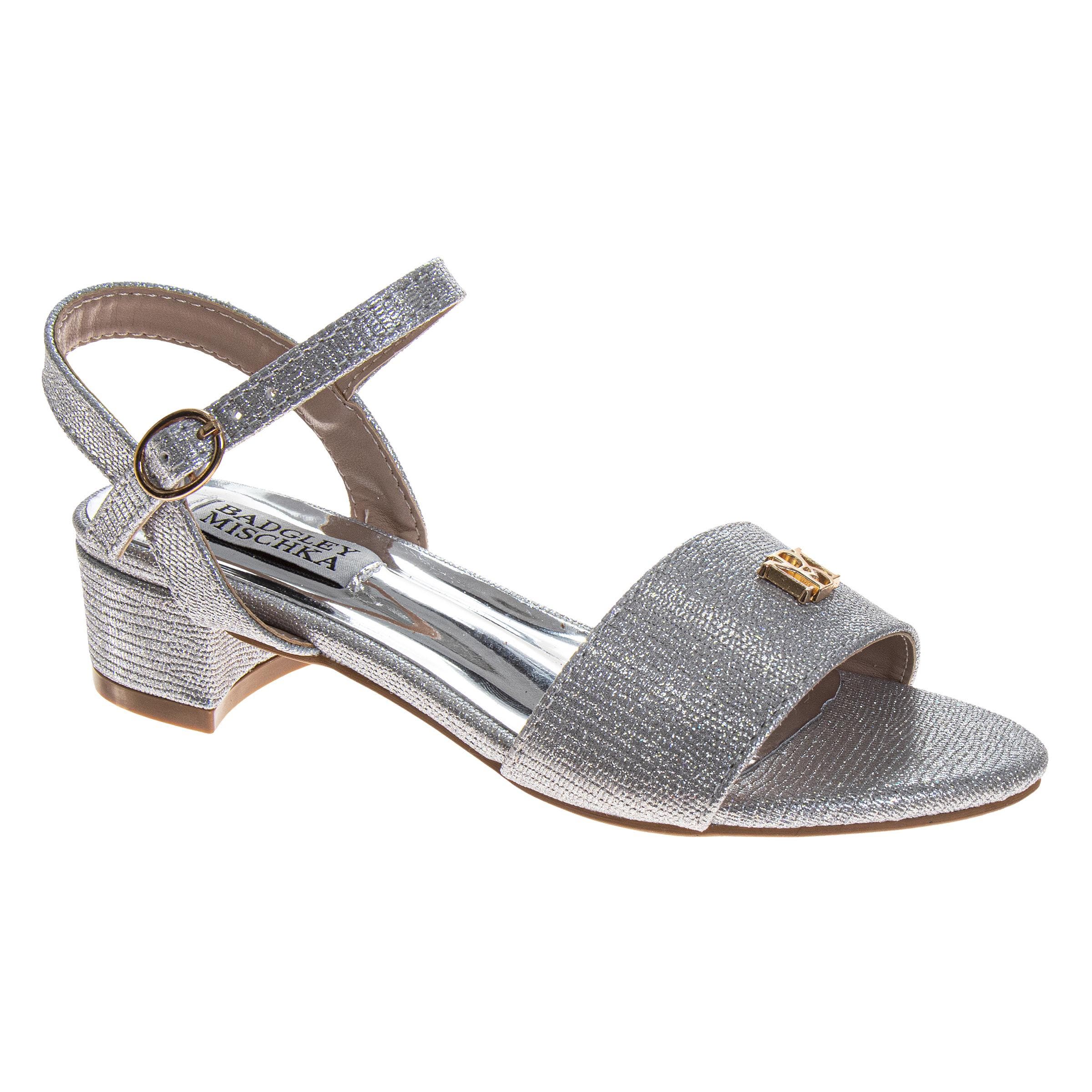 BADGLEY MISCHKA Dress Sandals for Girls Elegant Rhinestone Ankle Straps, Main, color, Silver