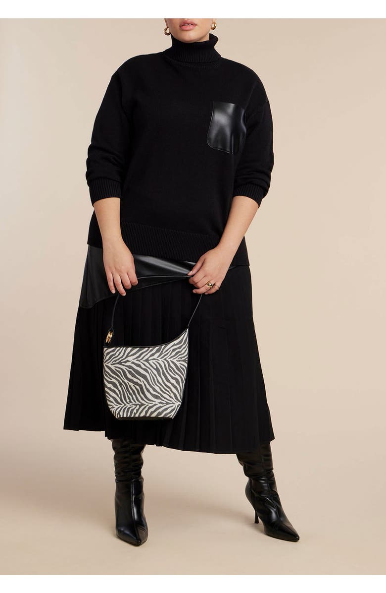 ELOQUII Faux Leather Pocket Turtleneck Sweater, Alternate, color, Black Onyx