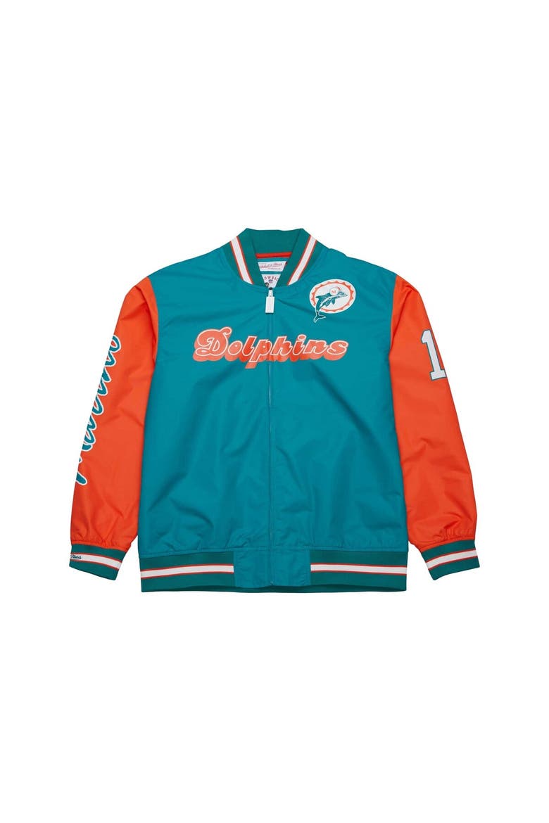 Men's Mitchell & Ness Dan Marino Aqua Miami Dolphins Retired Player Graphic Full-Zip Satin Jacket, Alternate, color, Aqua