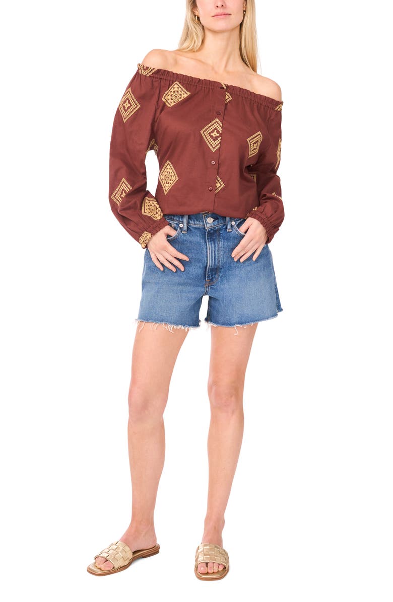 Vince Camuto Button-Up Off the Shoulder Cotton Top, Alternate, color, Mocha