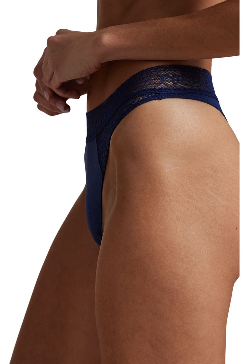 Lace & Stretch Cotton Rib Thong, Alternate, color, NAVY