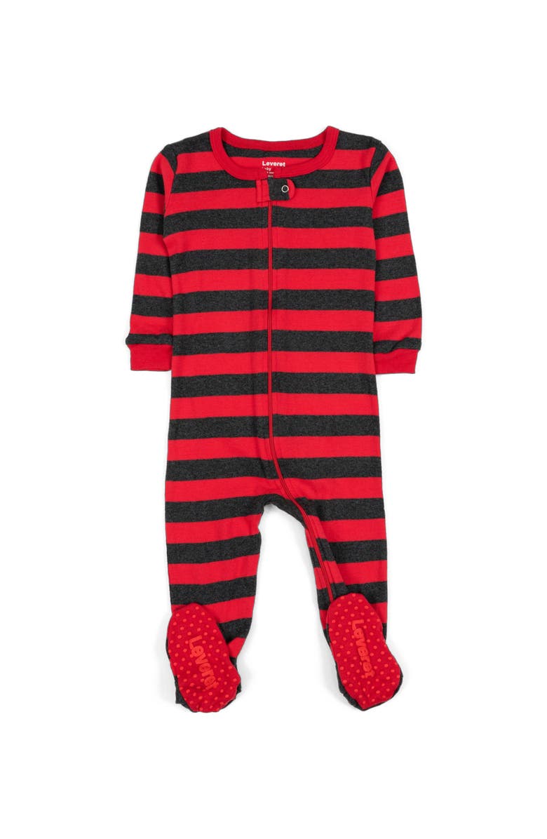 Leveret Footed Printed Cotton Pajamas, Solids, Stripes & Tie Dye, Alternate, color, Striped Red & Gray