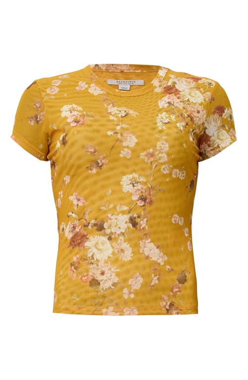 Allsaints Womens Ellie Round-neck Floral-print Stretch-mesh T-shirt Armada Deep Ye In Yellow