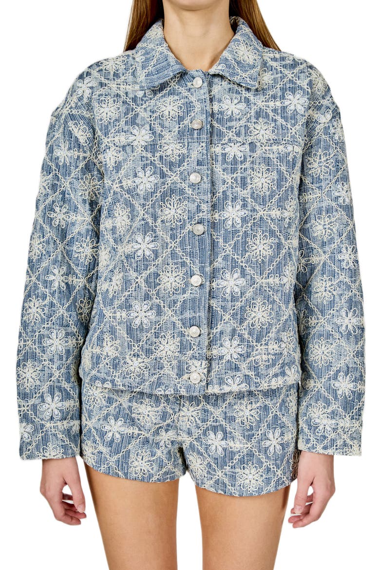 Floral Embroidered Nonstretch Denim Jacket, Main, color, DUSTY BLUE