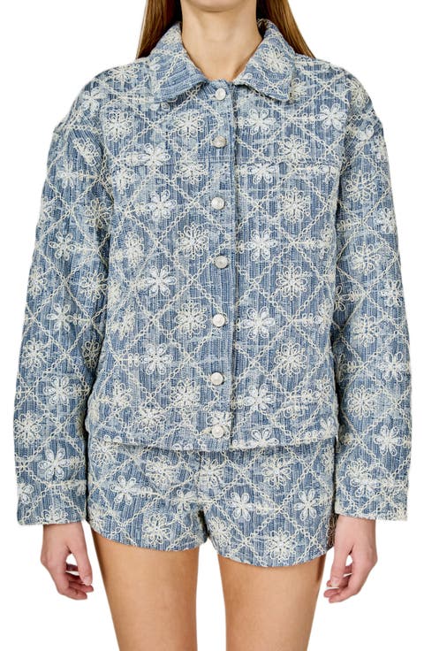 Floral Embroidered Nonstretch Denim Jacket