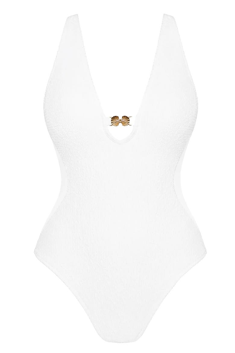 Mega Sculpting Plunge Keyhole Cheeky Cut One Piece Swimsuit, Alternate, color, Crinkle White
