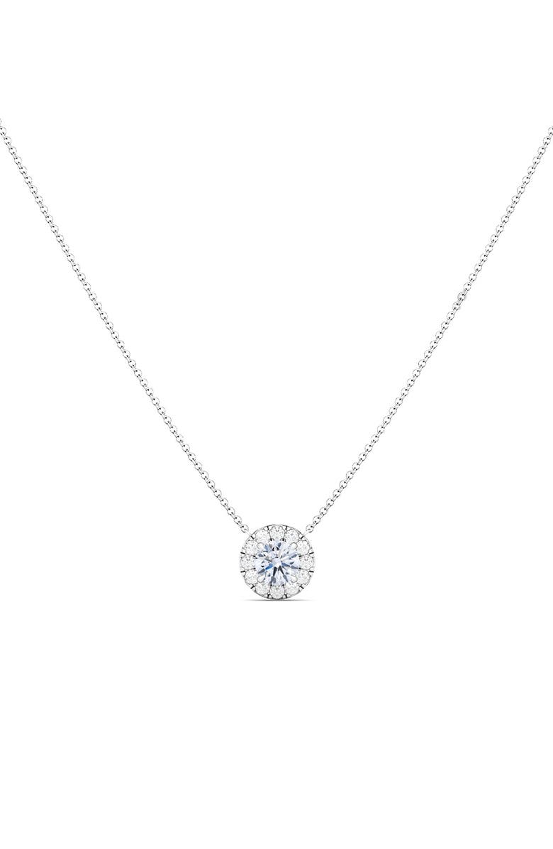 HauteCarat Round Brilliant Halo Lab Created Diamond Pendant Necklace, Main, color, 18K White Gold