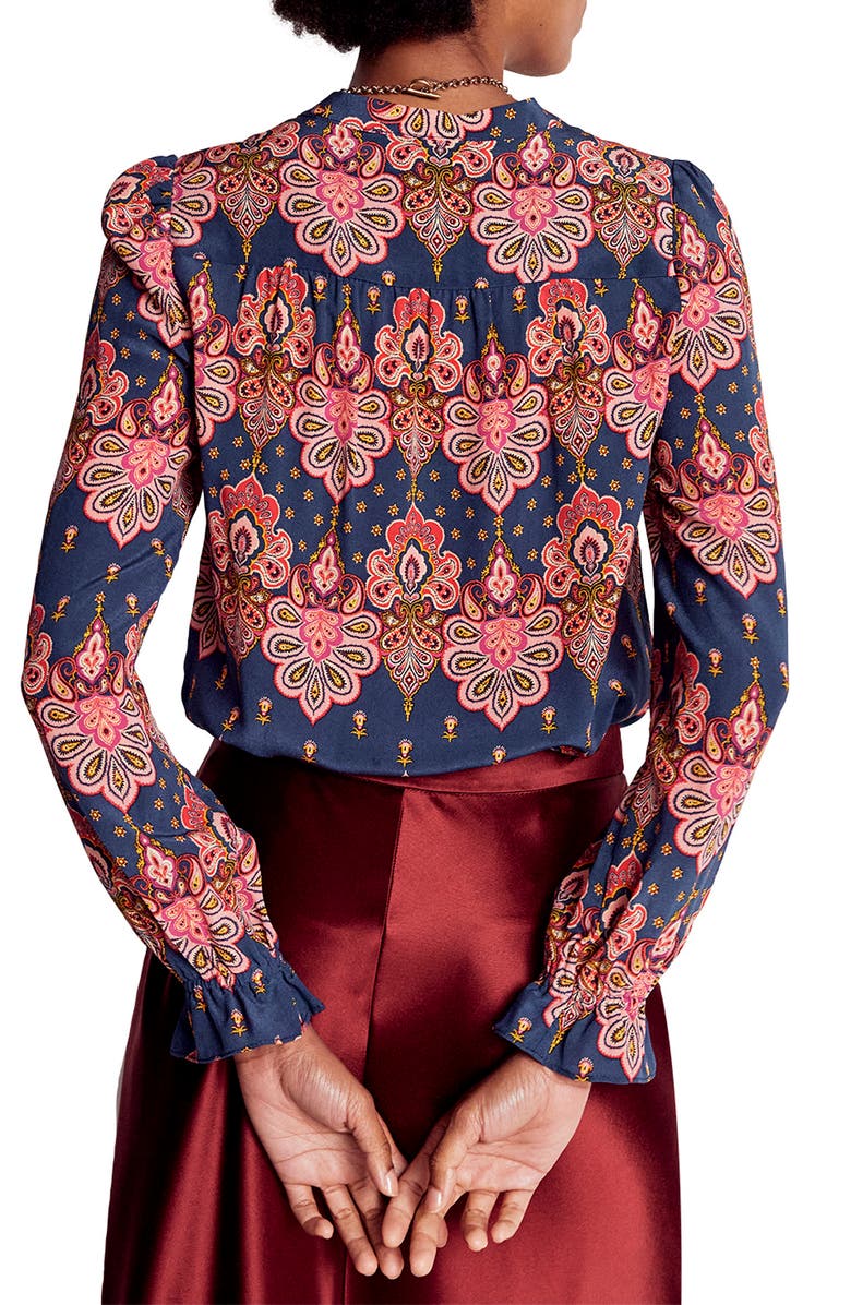 Boden Alice Paisley Ruffle Silk Button-Up Shirt, Alternate, color, Navy Embellished Paisley