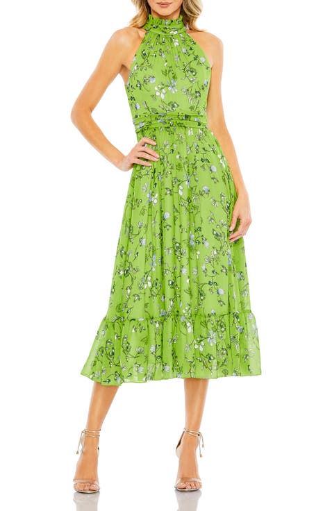Floral Print Halter Neck A Line Dress