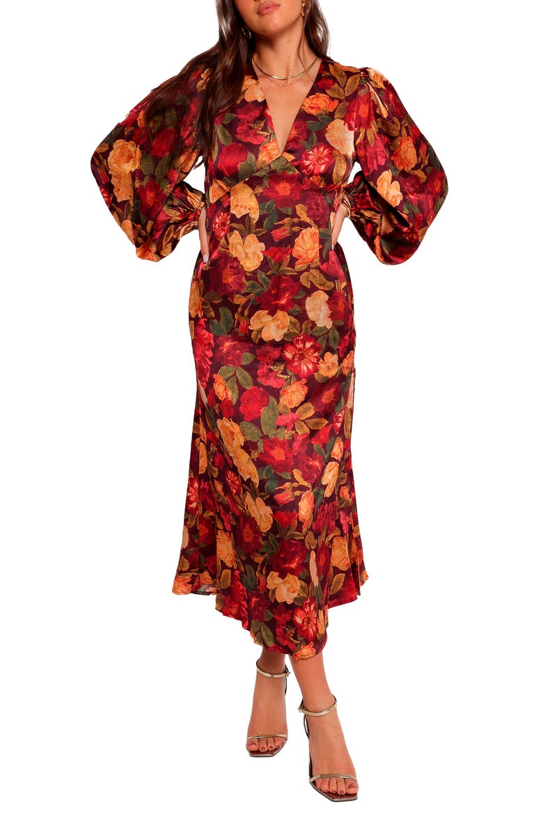 Zimmer Floral Long Sleeve Satin Maxi Dress, Main, color, SANGRIA BLOOM
