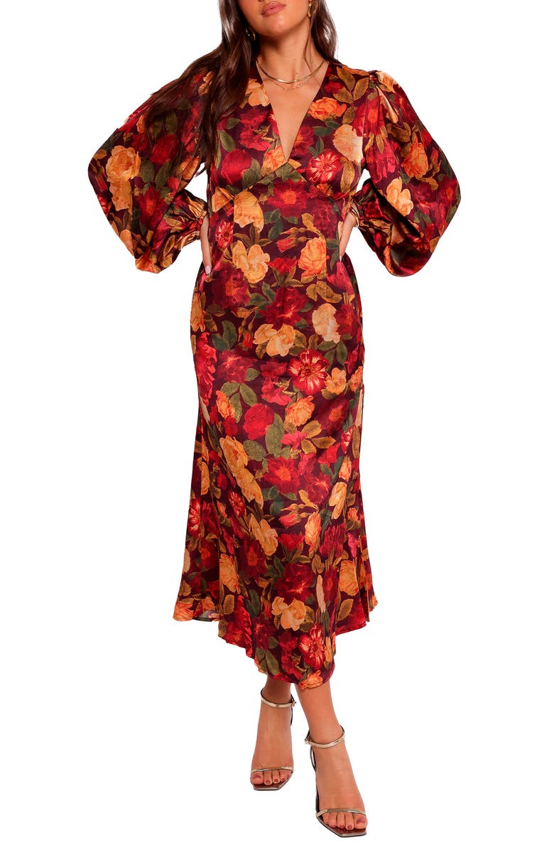 Petal & Pup Zimmer Floral Long Sleeve Satin Maxi Dress, Main, color, Sangria Bloom