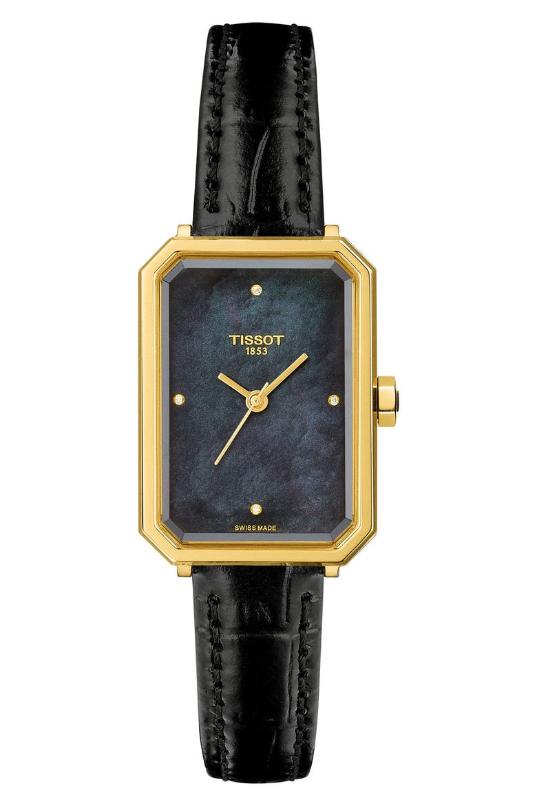 SRV Rectangle Couture Mother-of-Pearl & Diamond Leather Strap Watch, 30mm, Main, color, BLACK MOTHER OF PEARL