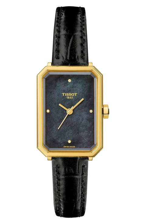 SRV Rectangle Couture Mother-of-Pearl & Diamond Leather Strap Watch, 30mm