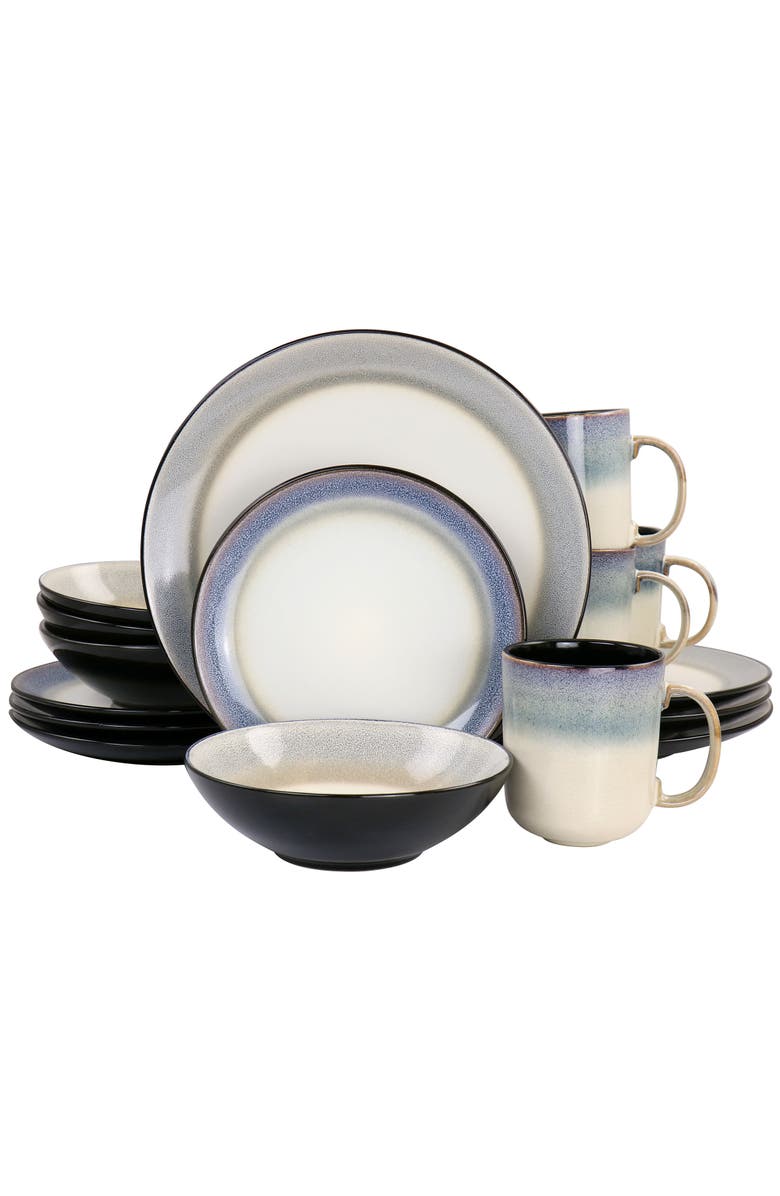 Gibson Elite Rings of Saturn 16 Piece Reactive Glaze Stoneware Dinnerware Set, Main, color, Blue